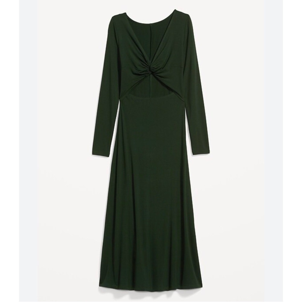 NWT old Navy Fit Flare Twist Front Cutout Midi Dress Sz L Dark Bottle Green LS